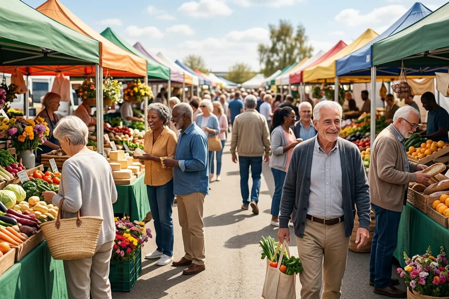 Diverse seniors and families shopping at a bustling outdoor farmers market