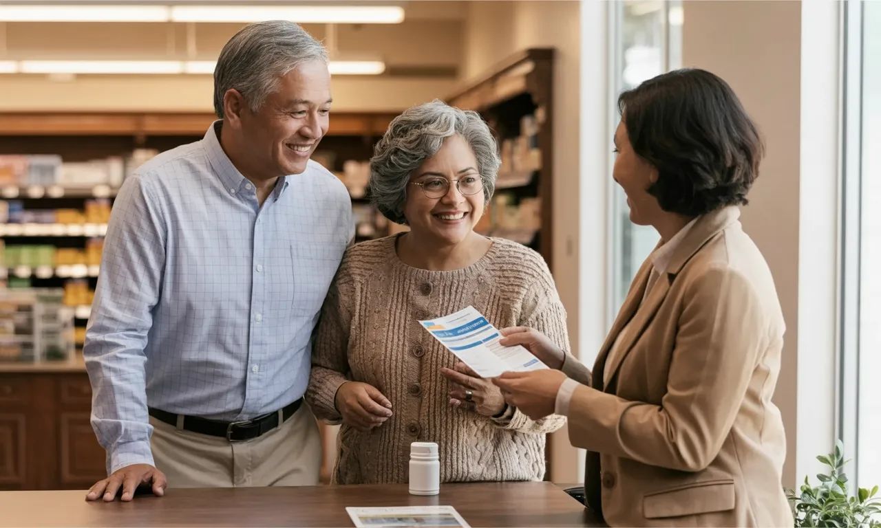 A couple meeting a licensed benefit advisor at the pharmacy counter